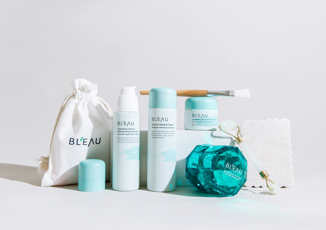 Bl'eau Hydrate Bundles includes Glacial Oceanic Clay Mask, Hydrate Collection Toner, Emulsion & Cream plus beauty tools. 