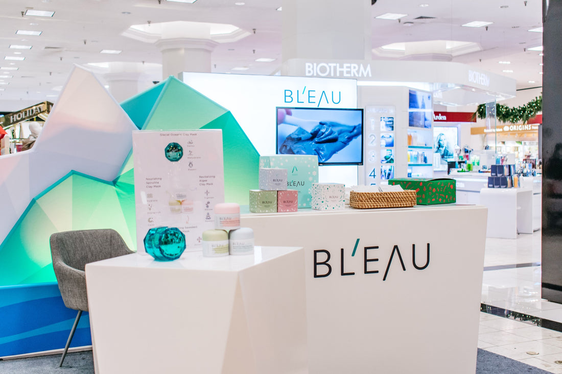 Bl'eau pop-up at Hudson's Bay in Downtown Vancouver Bl'eau Glacial Oceanic Clay face masks and Glacial Oceanic Mineral water skincare products 